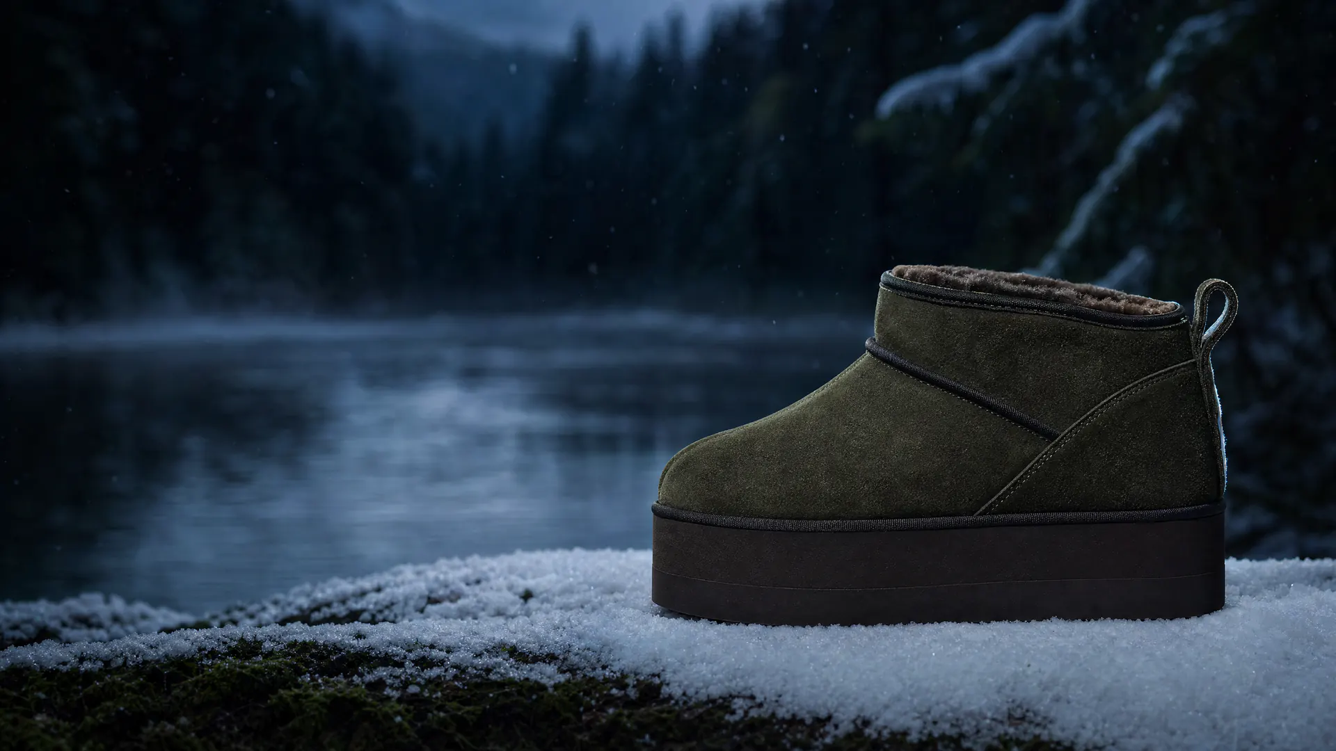 Модель Ultra Mini Platform Boot Forest Night в снежной природной сцене